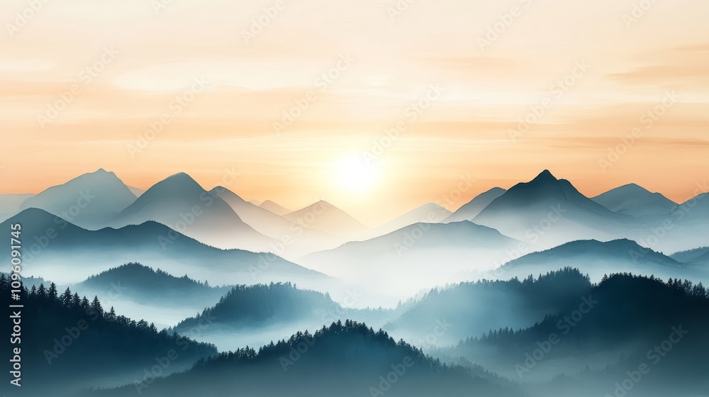 Obraz premium Mountain Serenity, a tranquil watercolor depicting peaks and valleys mirroring stock market trends under a soft sunrise.