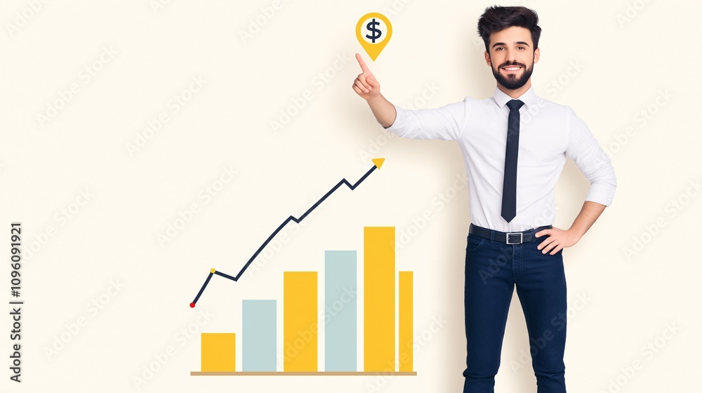 Professional man pointing at a graph indicating growth with dollar sign, representing successful business strategy and achievement in financial goals