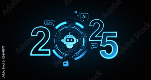 Neon futuristic 2025 digital concept with robot icon and AI symbols on dark background. 3D Rendering