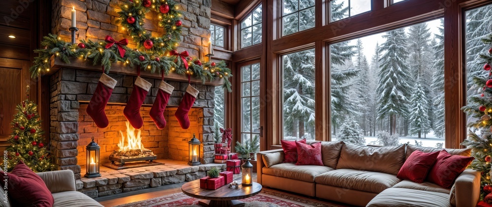 Cozy Christmas Setting A Warm Fireplace with Stockings Hung Above, Inviting Calm and Tranquility in a Snowy Winter Wonderland Perfect for Holiday Relaxation Cozy Christmas Setting A Warm Fireplace with Stockings Hung Above, Inviting Calm and Tranquility in a Snowy Winter Wonderland Perfect for Holiday Relaxation