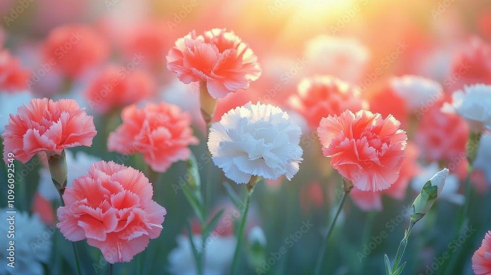 Colorful carnations blooming in a garden during sunset in vibrant hues of pink and white Colorful carnations blooming in a garden during sunset in vibrant hues of pink and white