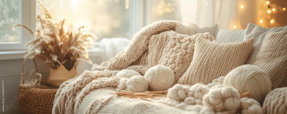 Handmade creations with fabric materials concept. An inviting room dedicated to handknit projects, oversized yarn balls in soft pastels, wooden knitting needles, and a halffinished sweater Handmade creations with fabric materials concept. An inviting room dedicated to handknit projects, oversized yarn balls in soft pastels, wooden knitting needles, and a halffinished sweater