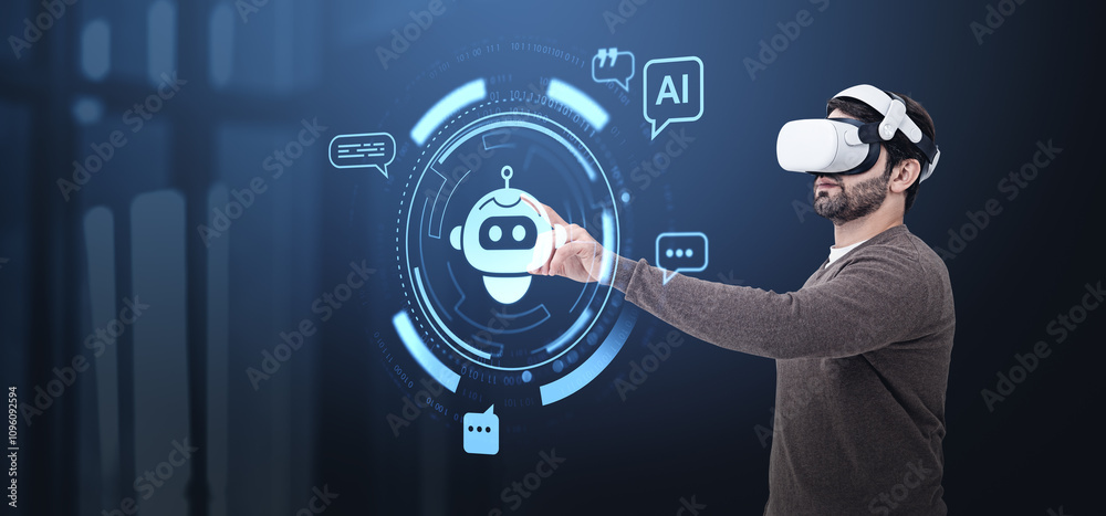 Man using VR headset interacting with AI robot interface on digi Man using VR headset interacting with AI robot interface on digi