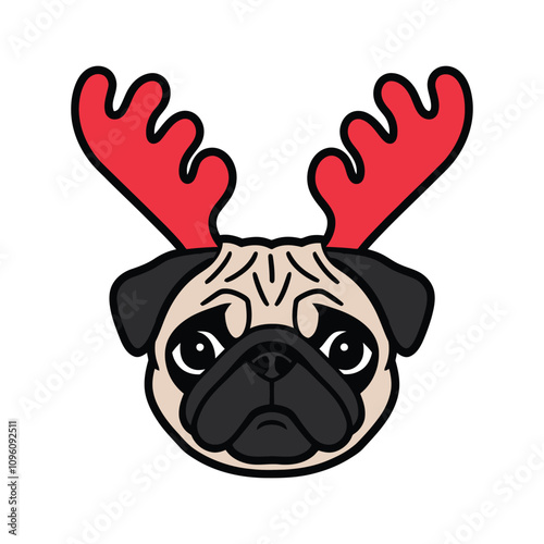 Cute Pug Dog with Reindeer Antlers