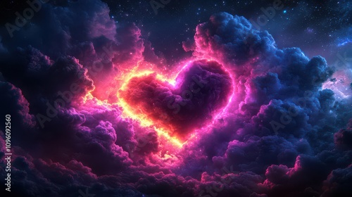 Cosmic Heart: Glowing Nebula Forms a Heart Shape within Vibrant Cloudscape,  Digital Art