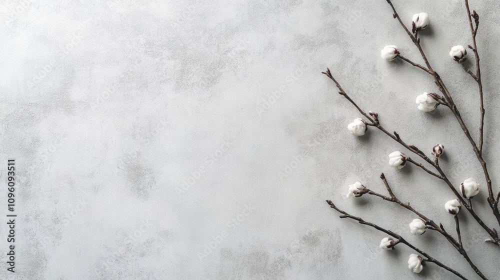 Obraz premium Cotton Branch on Concrete Background - Minimalist Floral Design with White Blossoms