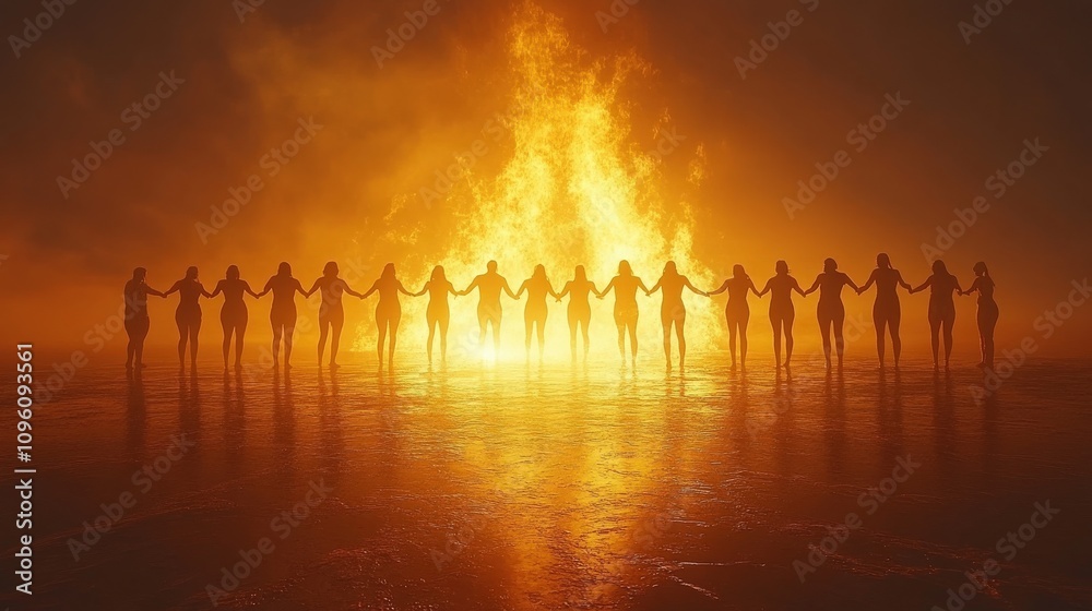 Fototapeta premium Silhouettes of Diverse Women Holding Hands in Unity Against a Dramatic Fire Background, Symbolizing Strength, Empowerment, and Community in an Ethereal Atmosphere
