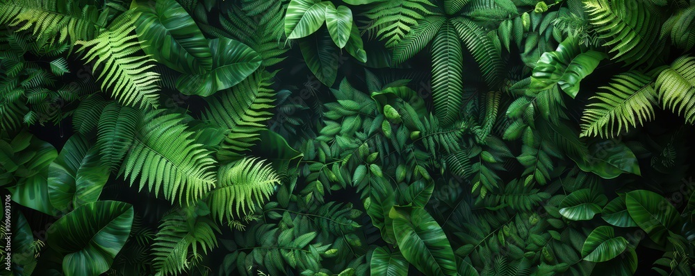 Fototapeta premium Ferns in the jungle, closeup, vibrant green leaves, tropical rainforest background, top view