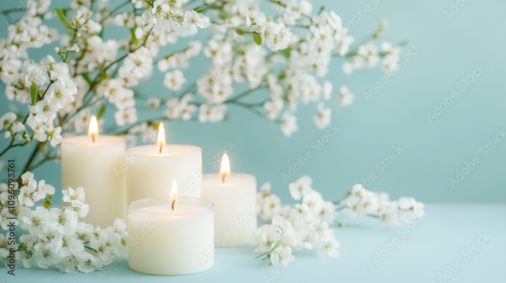 Candles and white flowers on a pastel blue backdrop