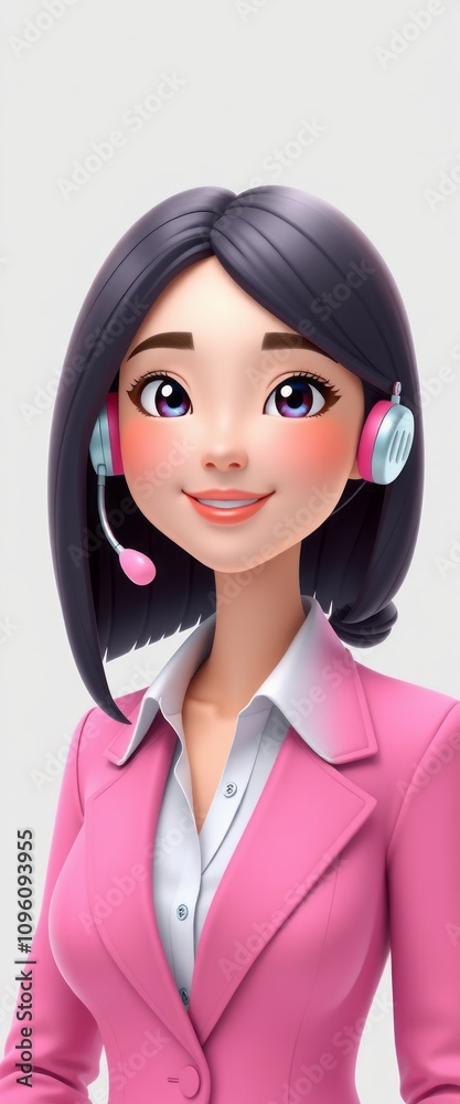 A smiling businesswoman wearing glasses and a headset, dressed in a suit, looking professional in an office setting A smiling businesswoman wearing glasses and a headset, dressed in a suit, looking professional in an office setting