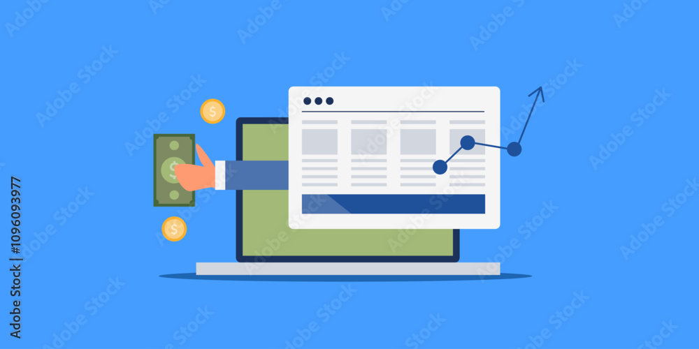 Website monetization, making money with blog content, affiliate marketing and display advertising concept. Website monetization, making money with blog content, affiliate marketing and display advertising concept.