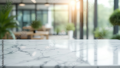 Marble table top with a blurred background of a modern office The scene is brightly lit with natural light and indoor plants