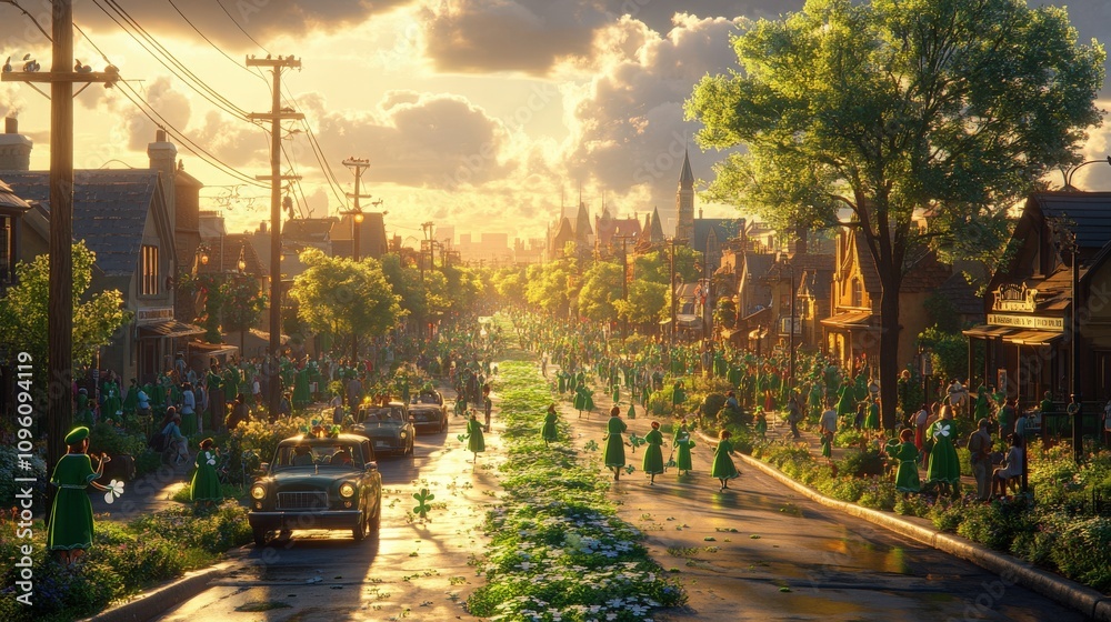 Obraz premium Vibrant and Lively Town Street Filled with Colorful Characters, Greenery, and a Scenic Sunset, Capturing the Essence of Community and Togetherness in a Fairy-Tale Setting