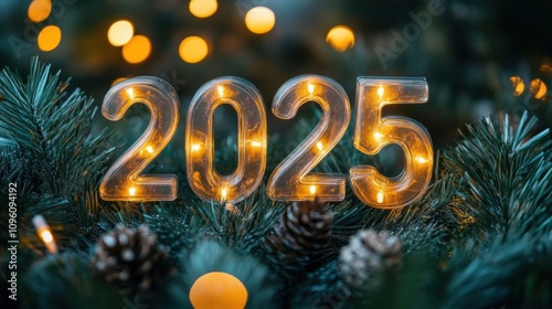 Glowing numbers 2025 framed by pine branches and festive lights photo