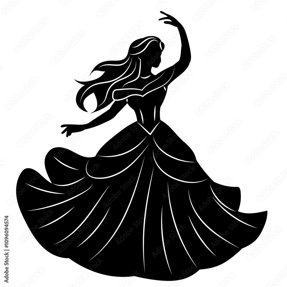 dancing girl in ball gown black silhouette, vector dancing girl in ball gown black silhouette, vector