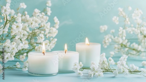 Candles and white flowers on a pastel blue backdrop photo