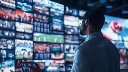 Fototapeta Naklejka Na Ścianę i Meble -  Live sports analysis broadcast studio digital media high-tech environment professional viewpoint engaging content experience