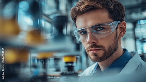 An engineer, wearing safety glasses, a small robot in a state-of-the-art laboratory. The workspace is filled with electronic components, circuit boards, and advanced tools, 