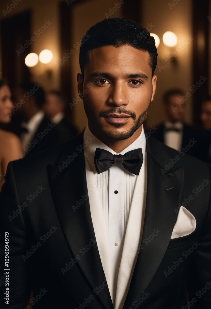 Latin man wearing a tuxedo black businessman portrait Ultra realistic Photorealistic hyperdetailed photography soft light head and shoulders portrait cover
