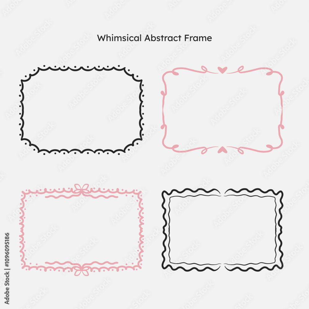 whimsical border frame set. hand drawn scribble line, ribbon bow frame for invitation, valentine or christmas design. whimsical border frame set. hand drawn scribble line, ribbon bow frame for invitation, valentine or christmas design.