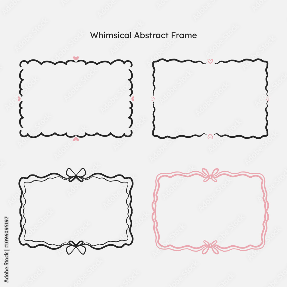 whimsical border frame set. hand drawn scribble line, ribbon bow frame for invitation, valentine or christmas design. whimsical border frame set. hand drawn scribble line, ribbon bow frame for invitation, valentine or christmas design.