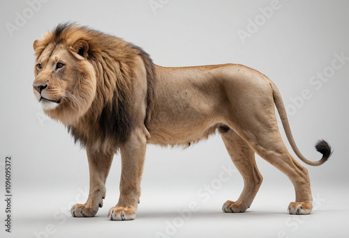  standard Lion right side view. Full figure visible, flat white background, no shadows, head and legs visible, ultra detailed, photorealistic 400mm lens, low angle 