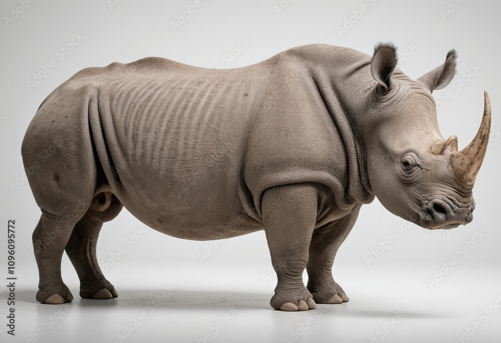 standard Rhinoceros right side view. Full figure visible, flat white background, no shadows, head and legs visible, ultra detailed, photorealistic 400mm lens, low angle standard Rhinoceros right side view. Full figure visible, flat white background, no shadows, head and legs visible, ultra detailed, photorealistic 400mm lens, low angle