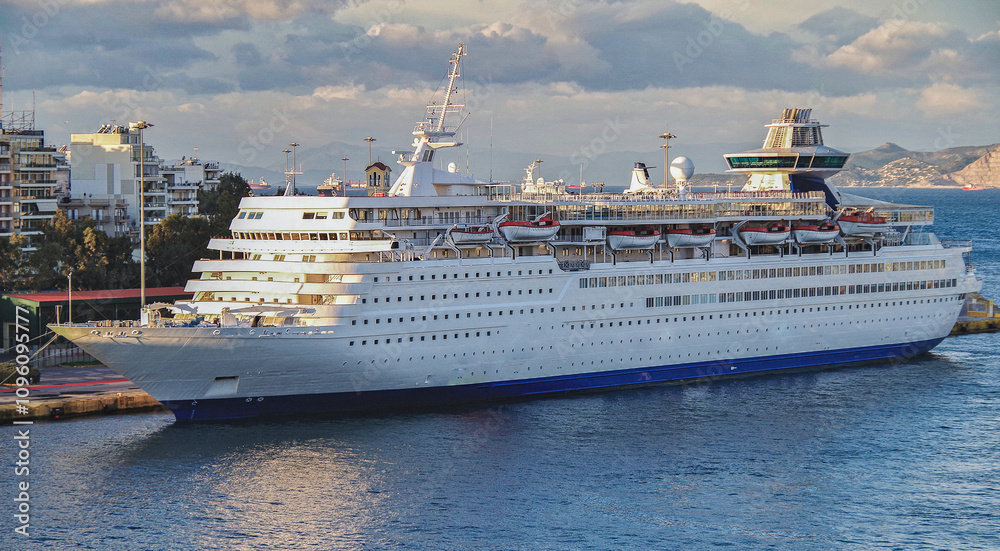 Classic cruiseship cruise ship liner Olympia in port of Piraeus, Athens Greece during sunrise with other vessels docked and city skyline in background with harbor infrastructure Classic cruiseship cruise ship liner Olympia in port of Piraeus, Athens Greece during sunrise with other vessels docked and city skyline in background with harbor infrastructure