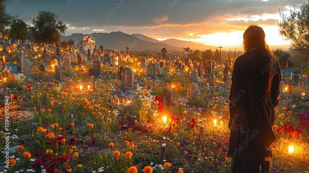 Naklejka premium A Solemn Remembrance at Dusk: A Figure in Black Stands Amidst a Flower-Filled Graveyard Illuminated by Glowing Candles Against a Backdrop of Mountains and Sunset.