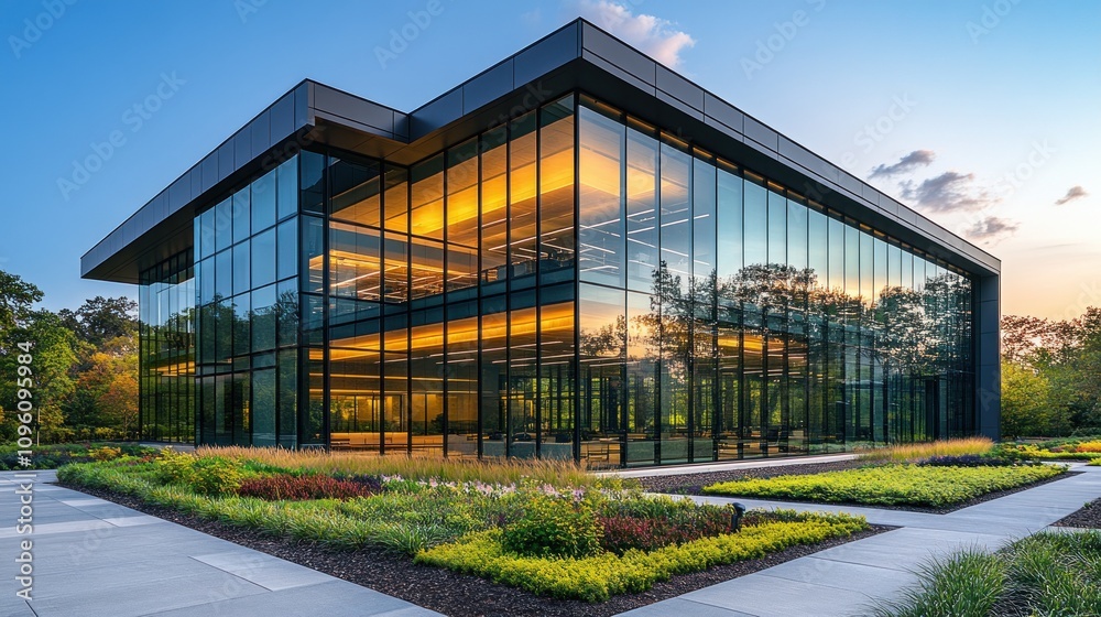 Modern glass building surrounded by landscaped gardens at sunset. Modern glass building surrounded by landscaped gardens at sunset.