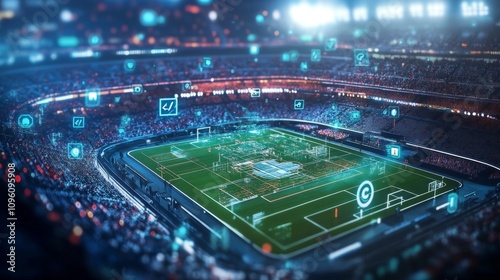 Fototapeta Naklejka Na Ścianę i Meble -  Sporting event analysis stadium digital visualization urban environment aerial view technology and sports integration for seo impact