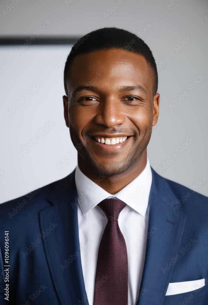 Professional headshot, African American man, bright warm smile, navy blue suit, burgundy tie, white shirt, clean-cut appearance, friendly expression, confident pose, corporate setting, soft lighting, Professional headshot, African American man, bright warm smile, navy blue suit, burgundy tie, white shirt, clean-cut appearance, friendly expression, confident pose, corporate setting, soft lighting,