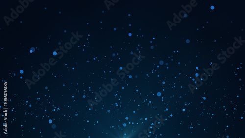 Blue bokeh particles floating in the air on a dark background, horizontal composition. Light rays at the bottom.