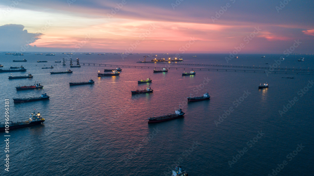 Naklejka premium Aerial view oil and gas tanker ship industrial transportation logistic oil and gas refinery, Oil and gas tanker ship industrial global business freight logistic transportation refinery by tanker ship.