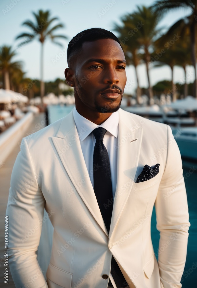 Well-dressed man, elegant white suit, blue tie, pocket square, confident pose, tropical resort setting, palm trees, poolside, golden hour lighting, professional portrait, shallow depth of field, high- Well-dressed man, elegant white suit, blue tie, pocket square, confident pose, tropical resort setting, palm trees, poolside, golden hour lighting, professional portrait, shallow depth of field, high-