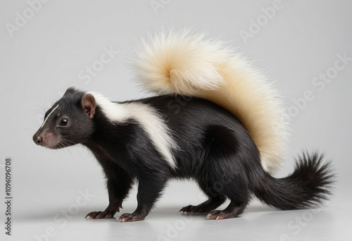  standard Skunk right side view. Full figure visible, flat white background, no shadows, head and legs visible, ultra detailed, photorealistic 400mm lens, low angle 