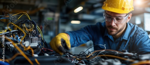 A focused technician in a yellow helmet works on complex wiring inside machinery, showcasing expertise in electrical repairs and maintenance.