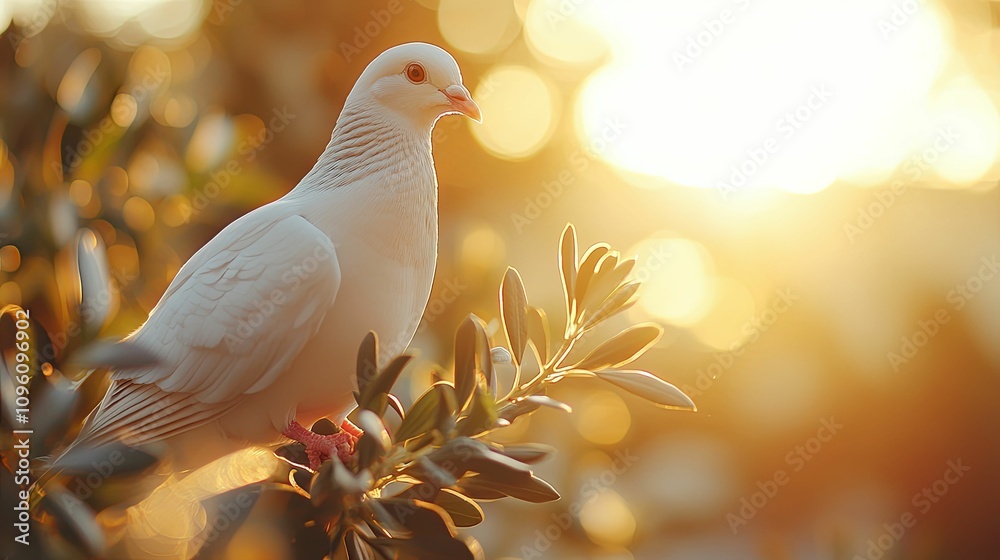 White Dove Perched On Branch Golden Sunlight White Dove Perched On Branch Golden Sunlight