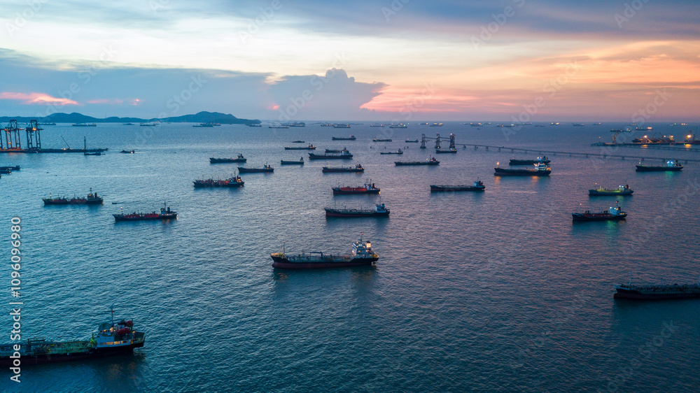 Fototapeta premium Aerial view oil and gas tanker ship industrial transportation logistic oil and gas refinery, Oil and gas tanker ship industrial global business freight logistic transportation refinery by tanker ship.