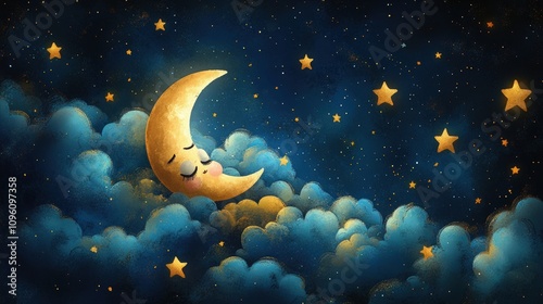 Dreamy Night Sky with Cartoon Moon and Stars in Soft Clouds, Perfect for Children’s Illustrations and Bedtime Story Themes, Evoking Whimsy and Imagination