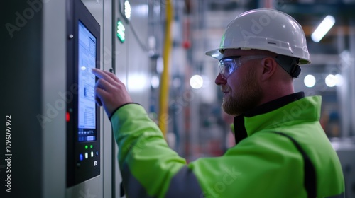 A construction worker in a hard hat operates a control panel, focused on a digital display in an industrial setting.