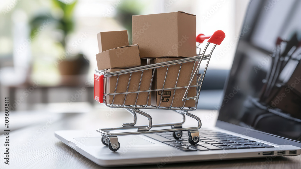 Miniature shopping cart filled with boxes on a laptop. Miniature shopping cart filled with boxes on a laptop.