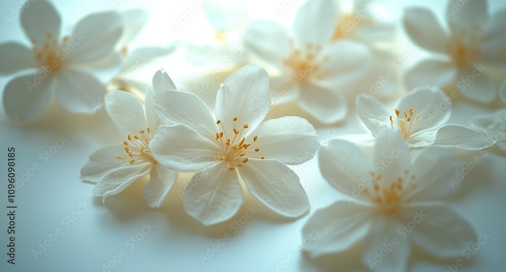 Delicate white flowers scattered artfully on a soft background under gentle lighting Delicate white flowers scattered artfully on a soft background under gentle lighting