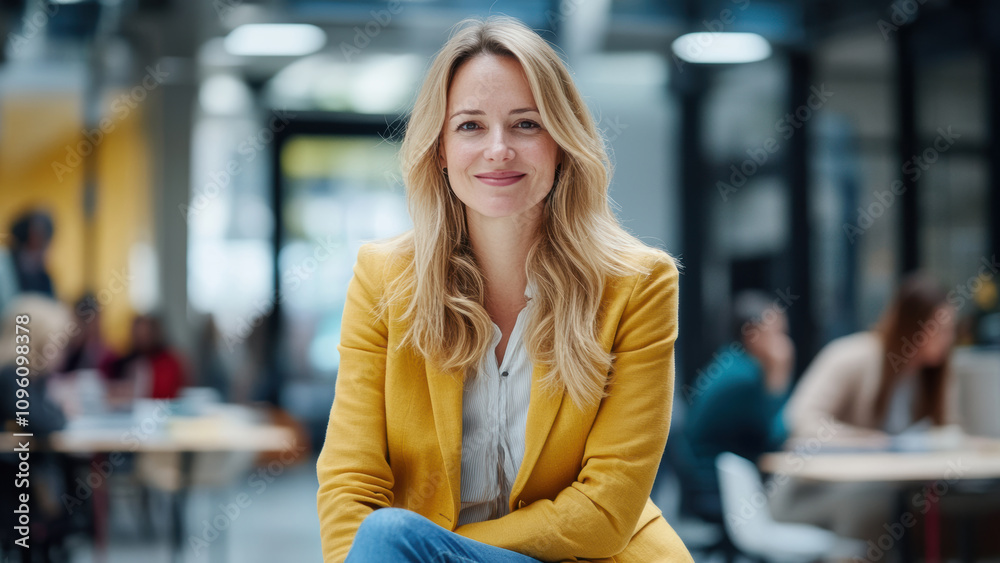 Portrait of an attractive blonde woman in her late thirties with a yellow jacket and jeans. Portrait of an attractive blonde woman in her late thirties with a yellow jacket and jeans.