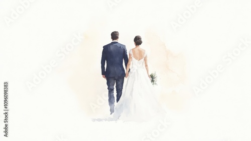 A couple walks hand in hand, dressed elegantly, symbolizing love and unity in a soft, dreamy watercolor style.