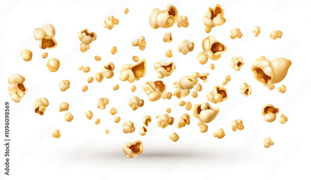 Falling popcorn on a white background. The popcorn texture is flying and falling. National popcorn day Falling popcorn on a white background. The popcorn texture is flying and falling. National popcorn day