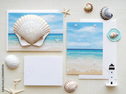 Serene beach-themed greeting cards with seashells and nautical elements for summer inspiration