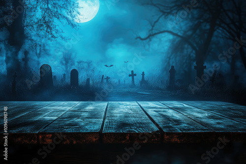 A dark, weathered wooden table is in sharp focus in the foreground, set against a blurred, atmospheric backdrop of a graveyard at night.