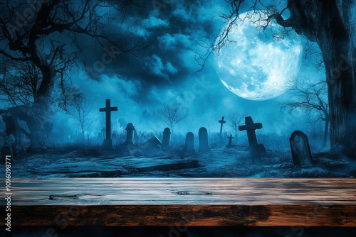 A dark, weathered wooden table is in sharp focus in the foreground, set against a blurred, atmospheric backdrop of a graveyard at night.
