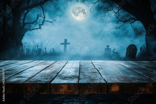 A dark, weathered wooden table is in sharp focus in the foreground, set against a blurred, atmospheric backdrop of a graveyard at night.